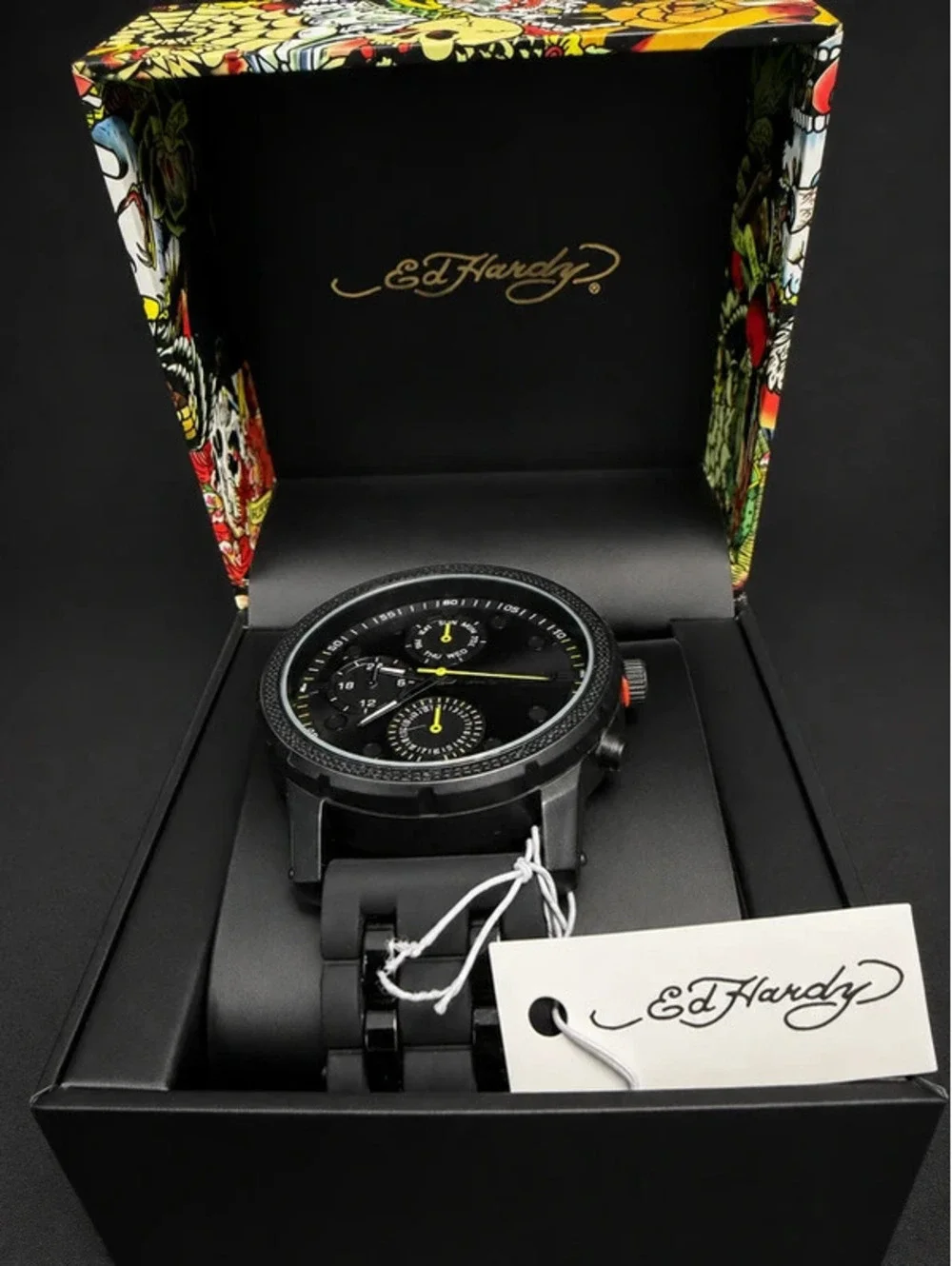 #703 Ed Hardy Black Chronograph-Style Watch with Original Box & Tags